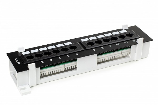 Patch panel nacienny, 12 portw UTP kat5e, zcza typu Dual-block, 10"