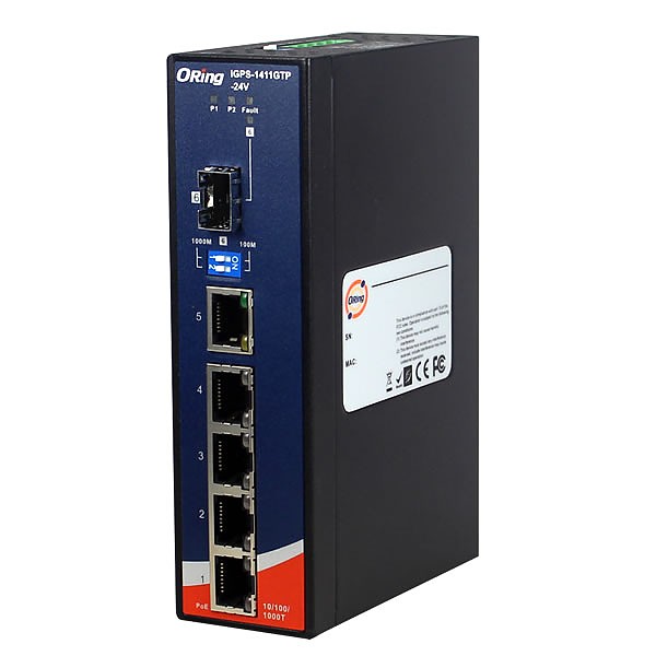 IGPS-1411GTP-24V, Switch przemysłowy niezarządzalny, DIN, 4x 10/100/1000 RJ-45 PoE + 1x 10/100/1000 RJ-45 + 1x 100/1000Base-X SFP, obudowa slim 