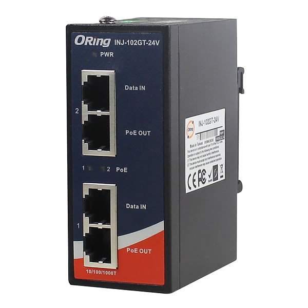 INJ-102GT-24V, Injector przemysłowy PoE, DIN, 2x10/1000 RJ-45 PoE + 2x10/1000 RJ-45, zasilanie 24V 
