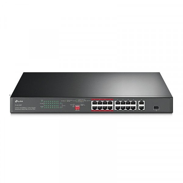 TP-Link TL-SL1218P, Switch niezarządzalny, 16x 10/100 RJ-45, 2x 10/100/1000 RJ-45, 1x SFP, PoE+