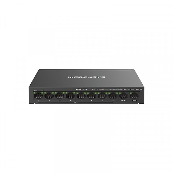 TP-Link Mercusys MS110CP, Switch niezarządzalny, 10x 10/100 RJ-45, 2x gigabitowe porty, PoE+, desktop